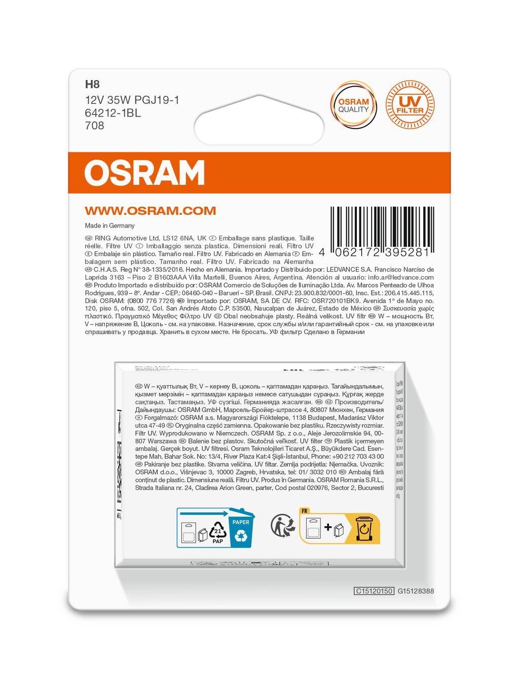 OSRAM ORIGINAL 64212-1BL H8 PGJ19-1 12V 35W