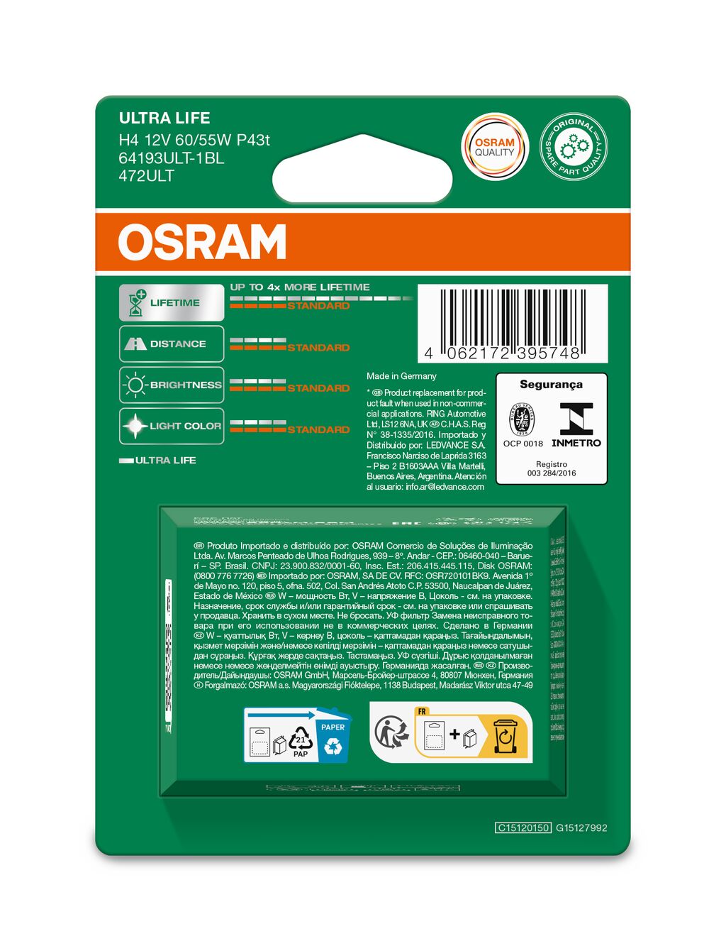 OSRAM ULTRALIFE 64193ULT-1BL H4 P43t 12V 60/55W