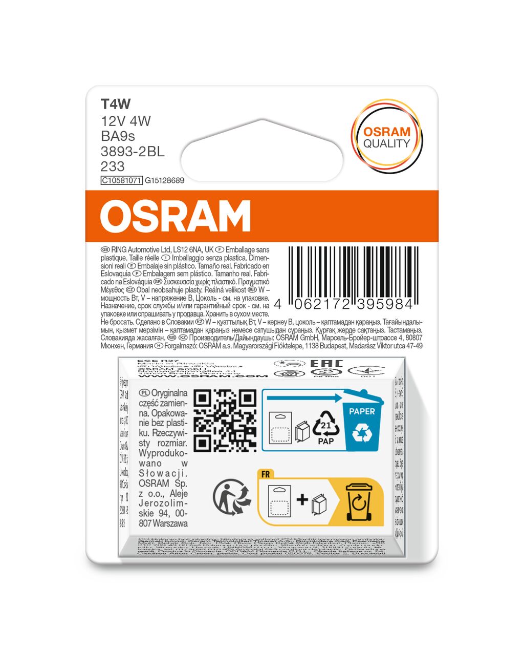 OSRAM ORIGINAL 3893-2BL T4W BA9s 12V 4W
