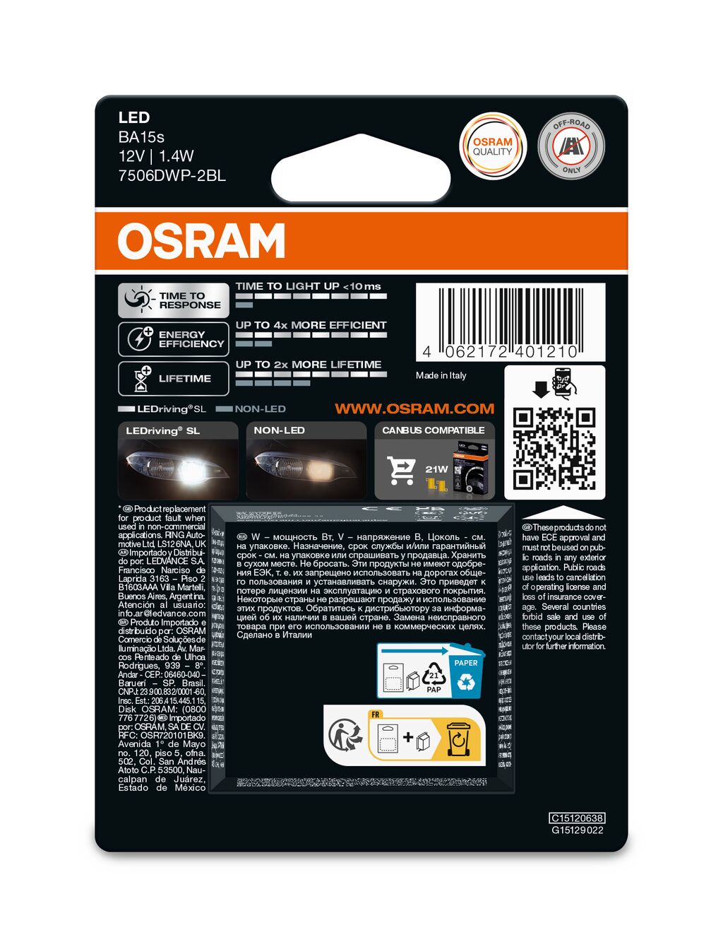 OSRAM LEDrivin SL 7506DWP-2BL ~P21W BA15s 12V 1,9W