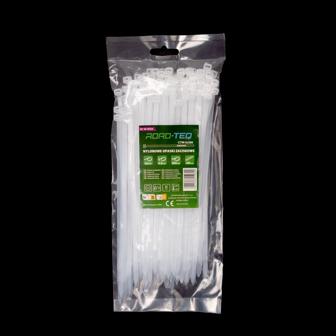 Nylon-Kabelbinder ROAD-TEQ Größe: 4,8x200mm, 100 Stk. weiß