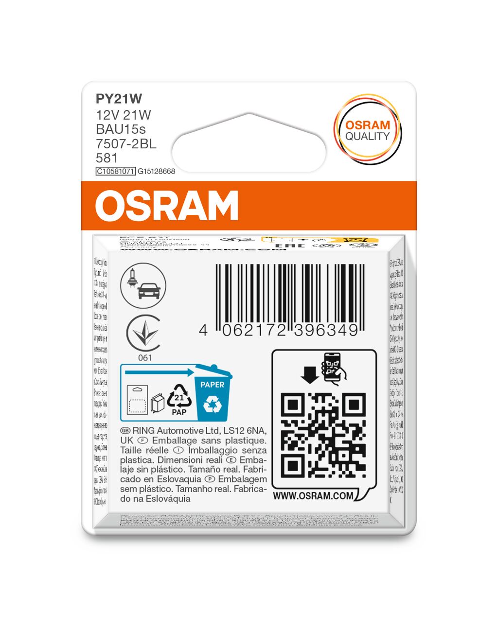 OSRAM ORIGINAL 7507-2BL PY21W BAU15s 12V 21W