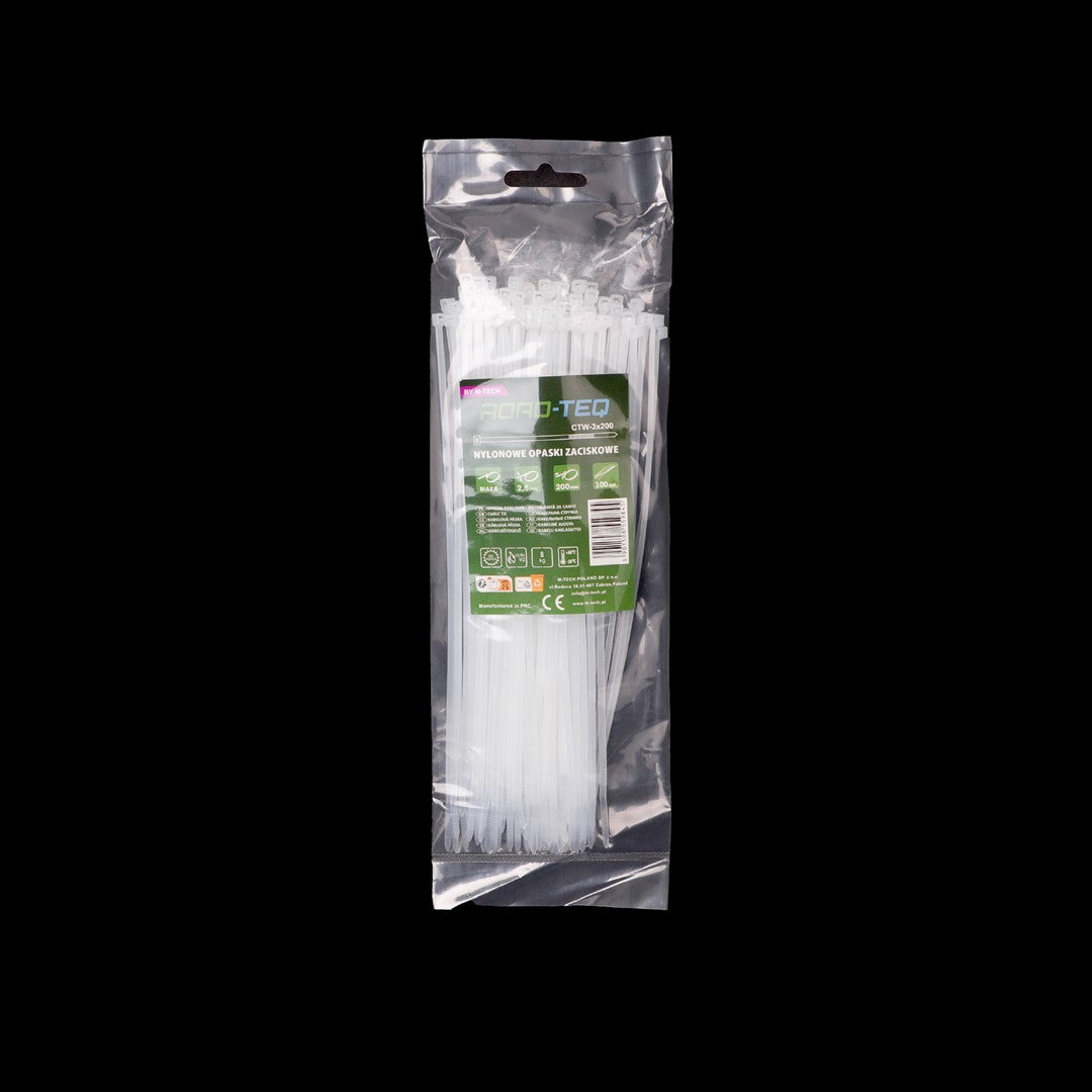 Nylon-Kabelbinder ROAD-TEQ Größe:2,5x200mm, 100 Stk. weiß