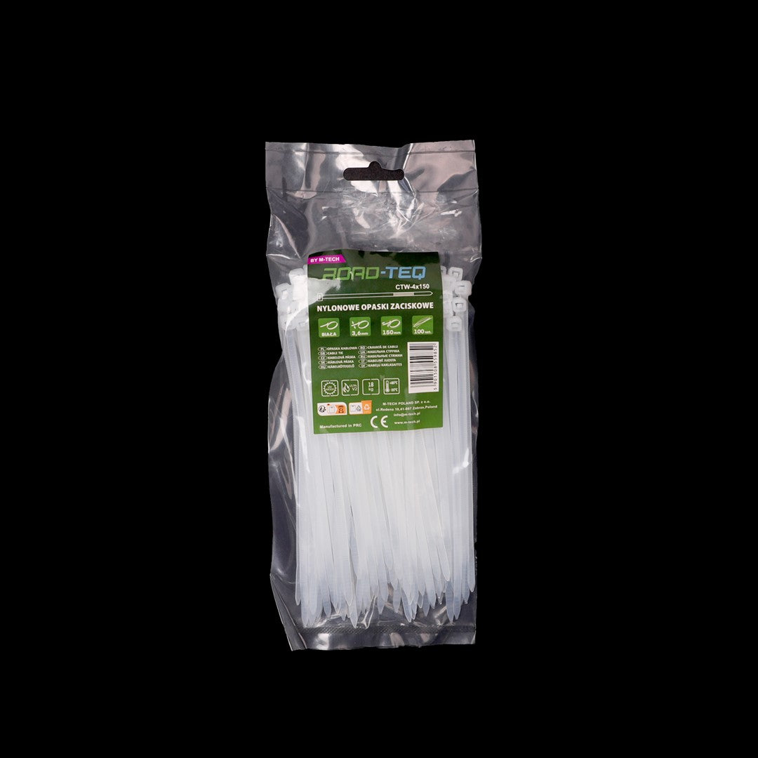 Nylon-Kabelbinder ROAD-TEQ Größe: 3,6x150mm, 100 Stk. weiß