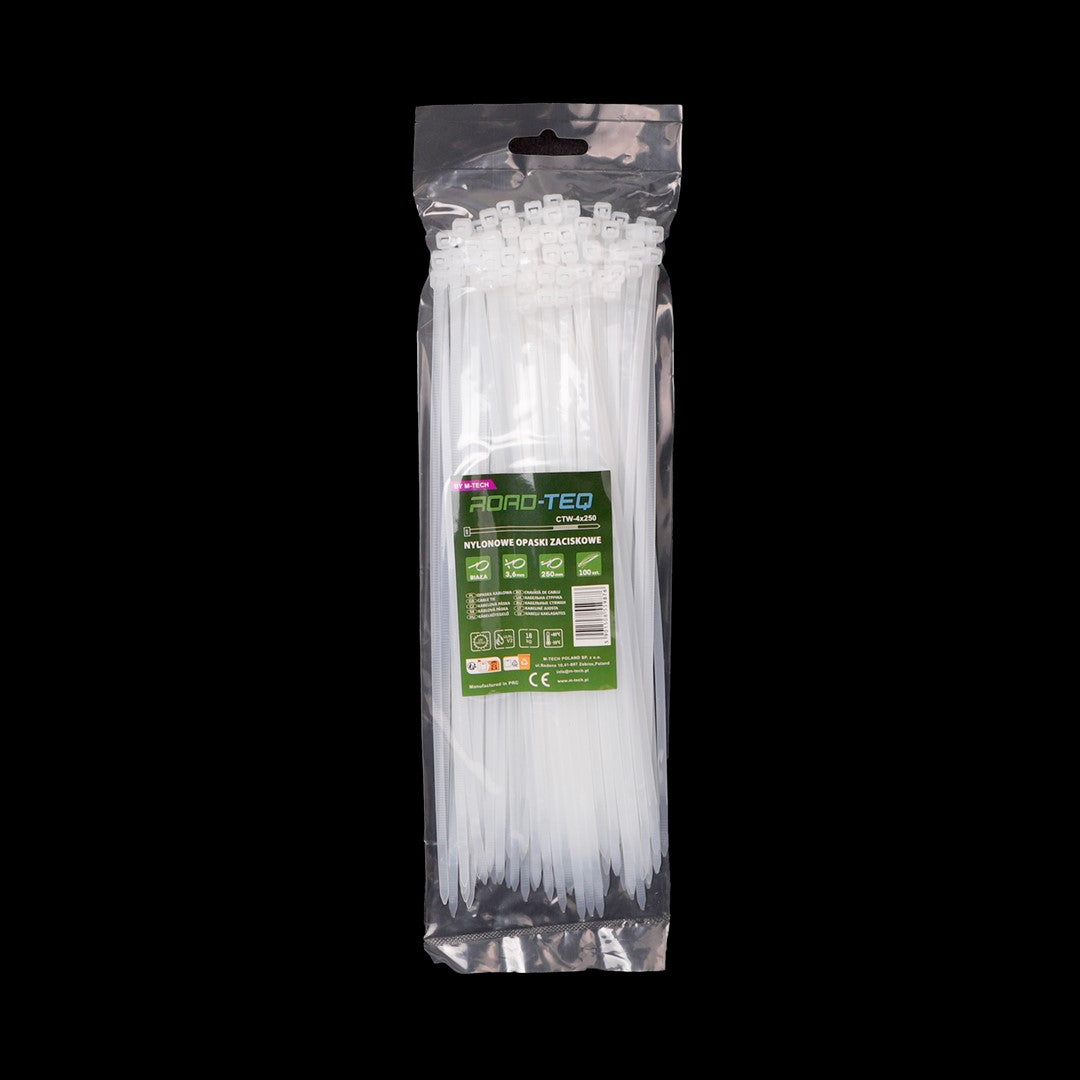 Nylon-Kabelbinder ROAD-TEQ Größe: 3,6x250mm, 100 Stk. weiß
